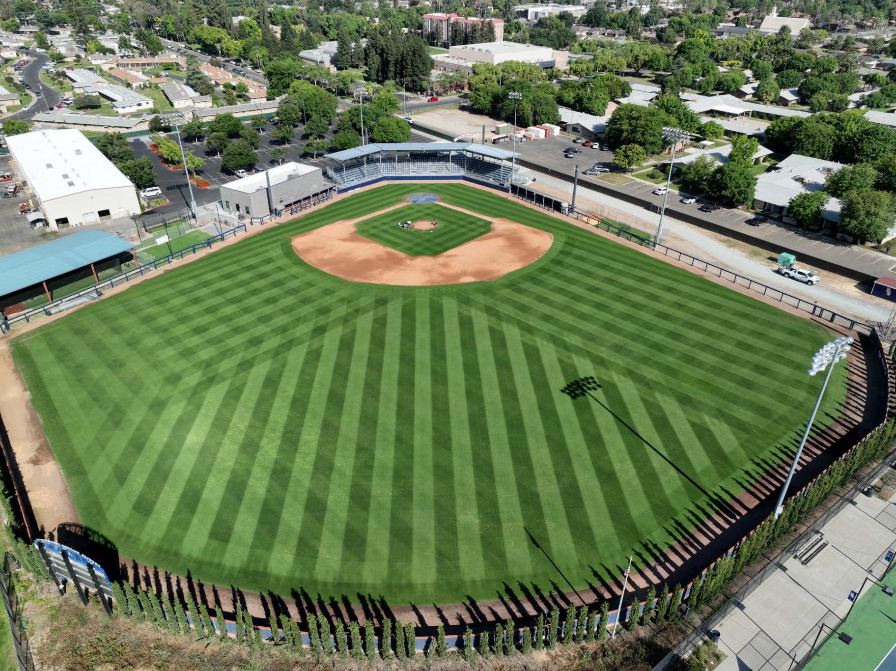 Aerial view of a striped baseball diamond