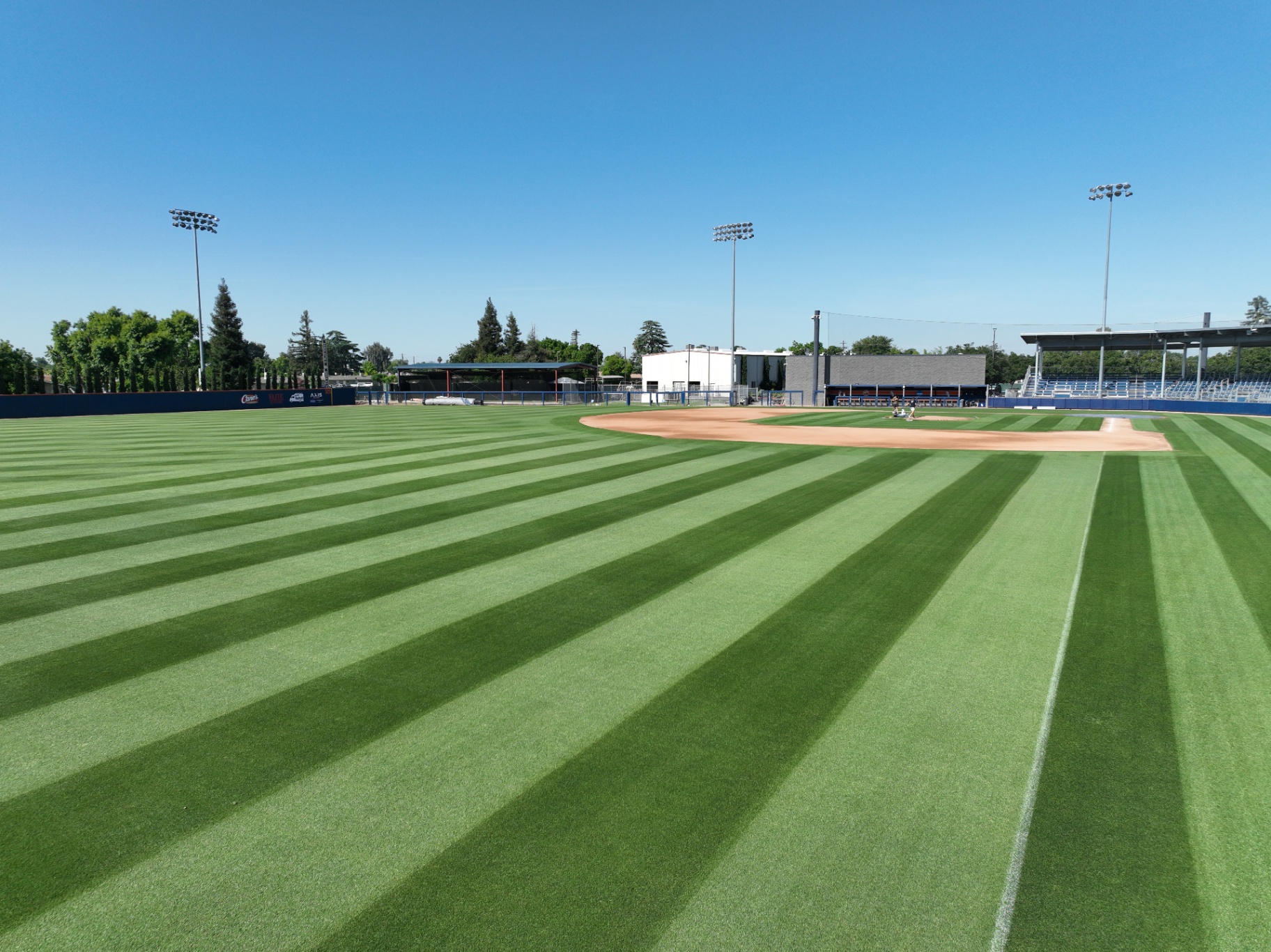 Outfield view of a manicured baseball field